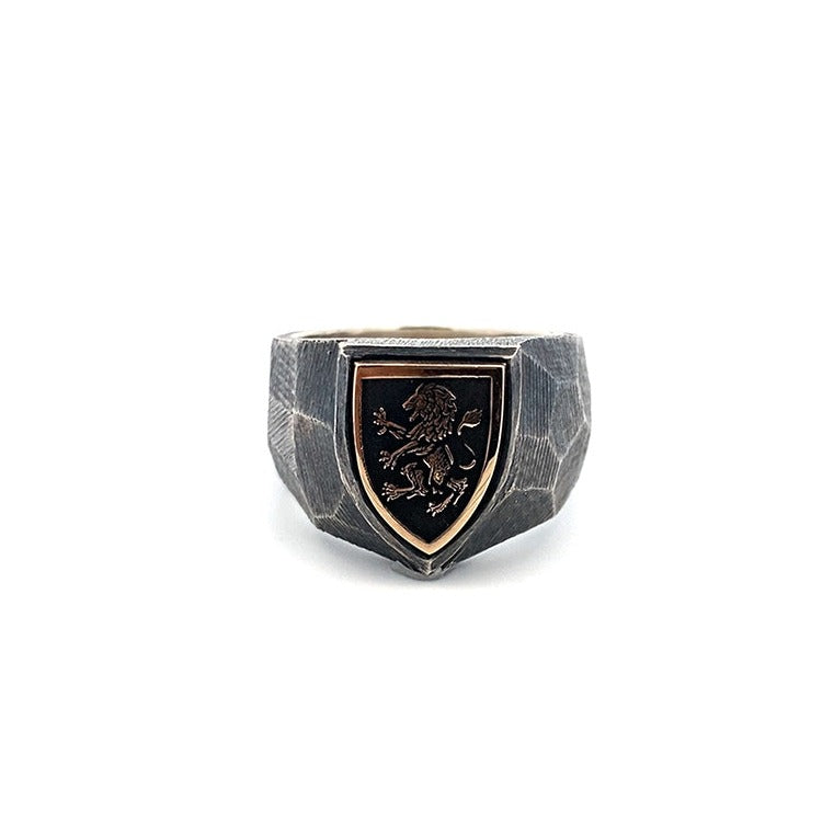 Lion Engraved Shield Signet Ring in Sterling Silver