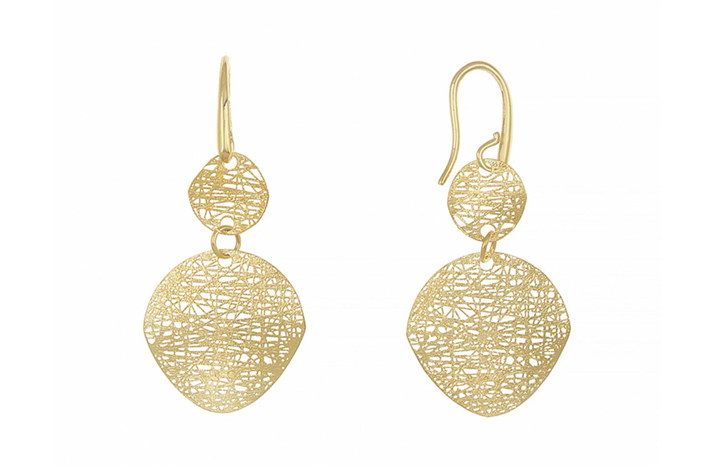 Textured Double Circles Drop Earrings in Yellow Gold