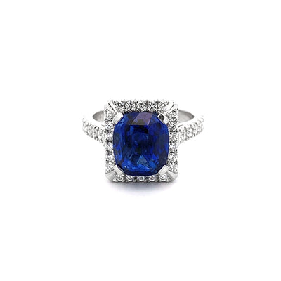 Blue Sapphire and Diamond Halo Ring in Platinum | 4.59ct