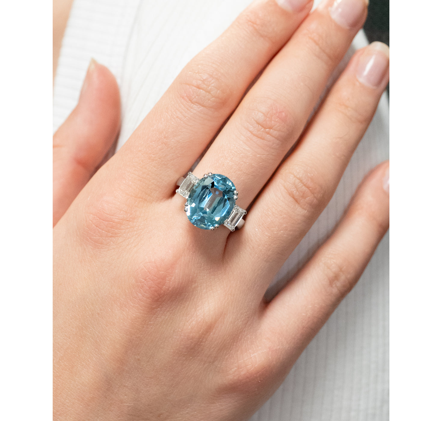 Santa Maria Type Blue Aquamarine and Diamond Three Stone in Platinum | 7.01ct