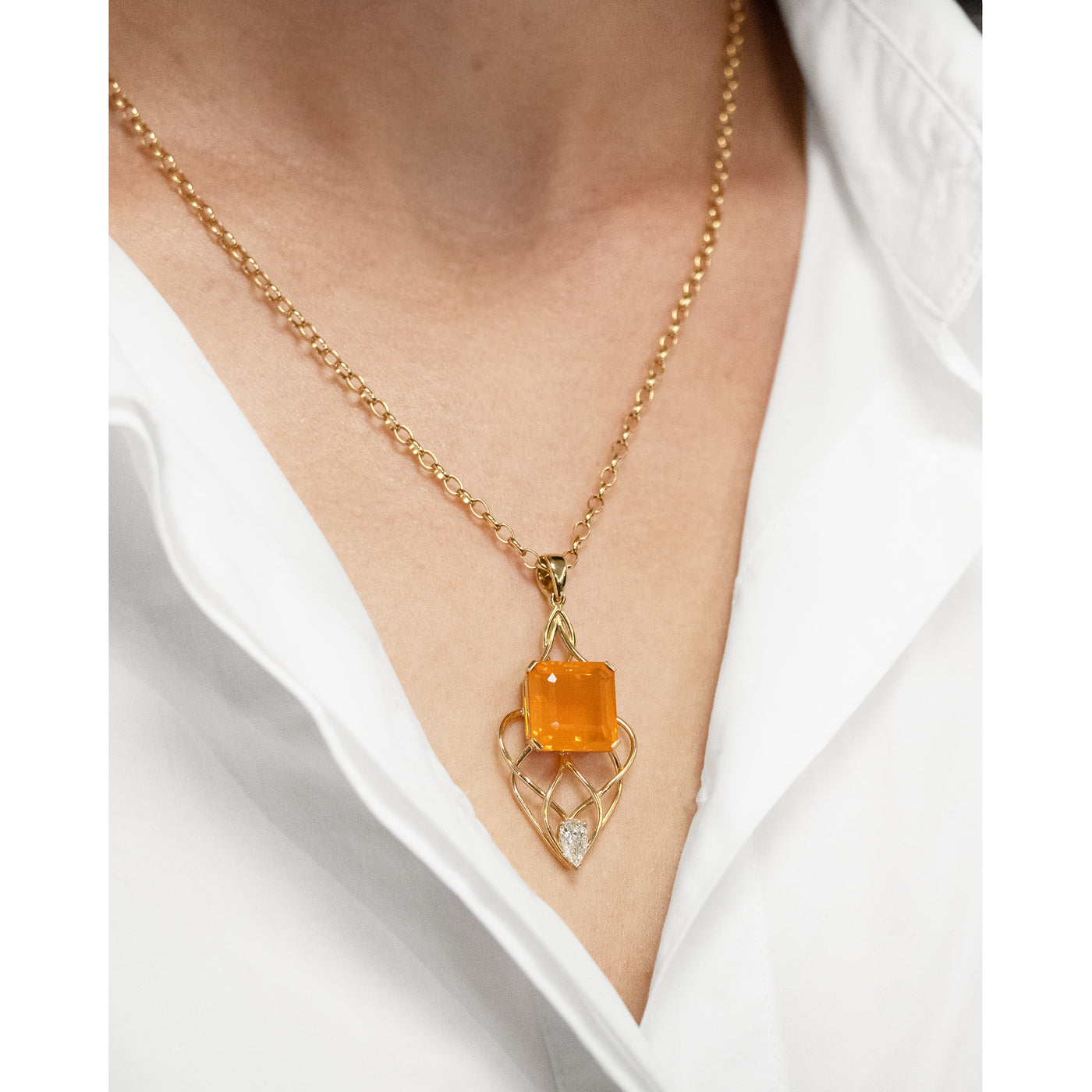 Fire Opal and Diamond Drop Pendant in Yellow Gold | 7.71ct