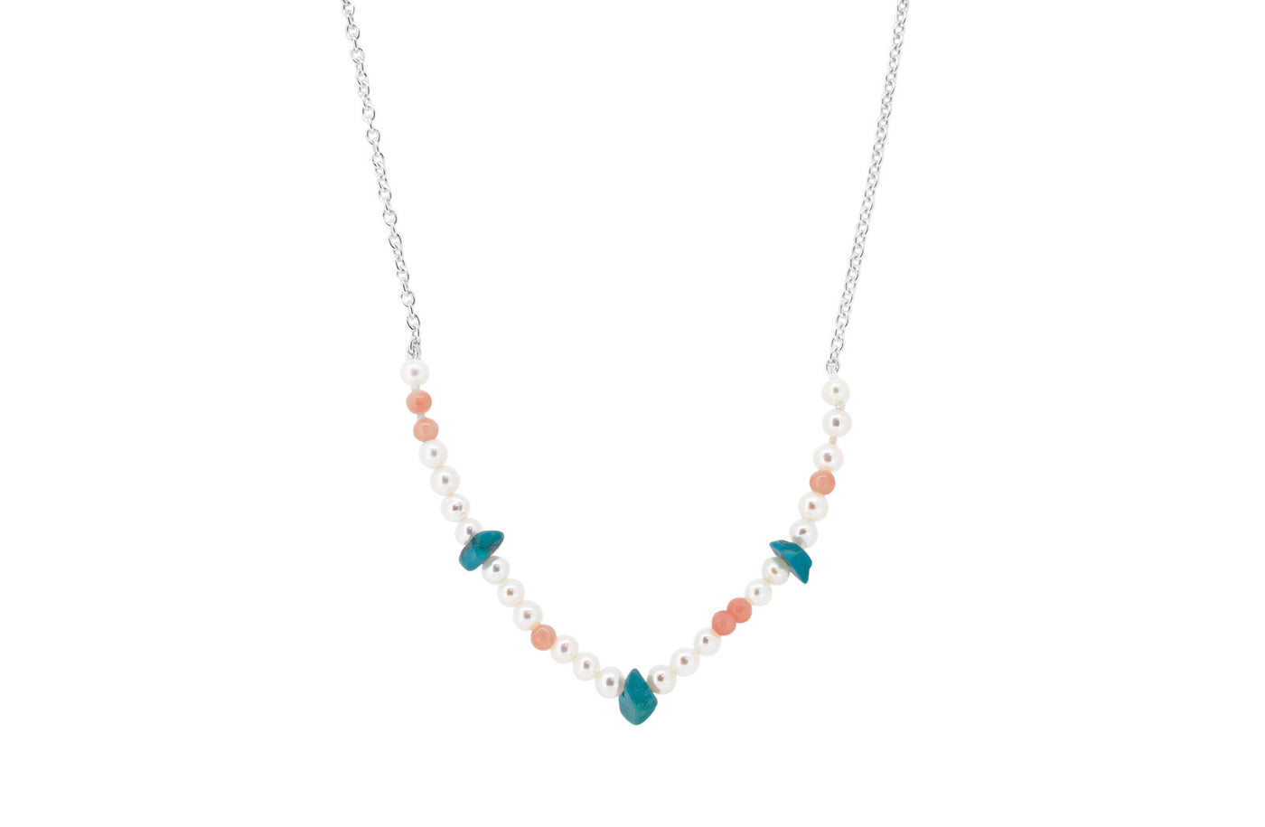 Cultured Pearl, Coral and Turquoise Necklace in  Sterling Silver
