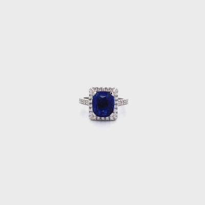 Blue Sapphire and Diamond Halo Ring in Platinum | 4.59ct