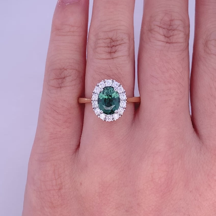 Teal Sapphire & Diamond Halo Ring