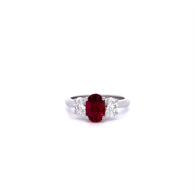 Lotus: Oval Cut Ruby and Diamond Three Stone Ring in Platinum | 1.54ct