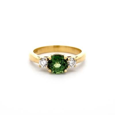 Green Sapphire and Diamond Three Stone Ring