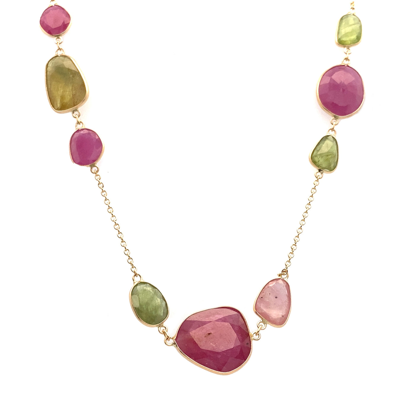 Pink and Green Sapphire Polki Necklace in Yellow Gold | 78.00ctw