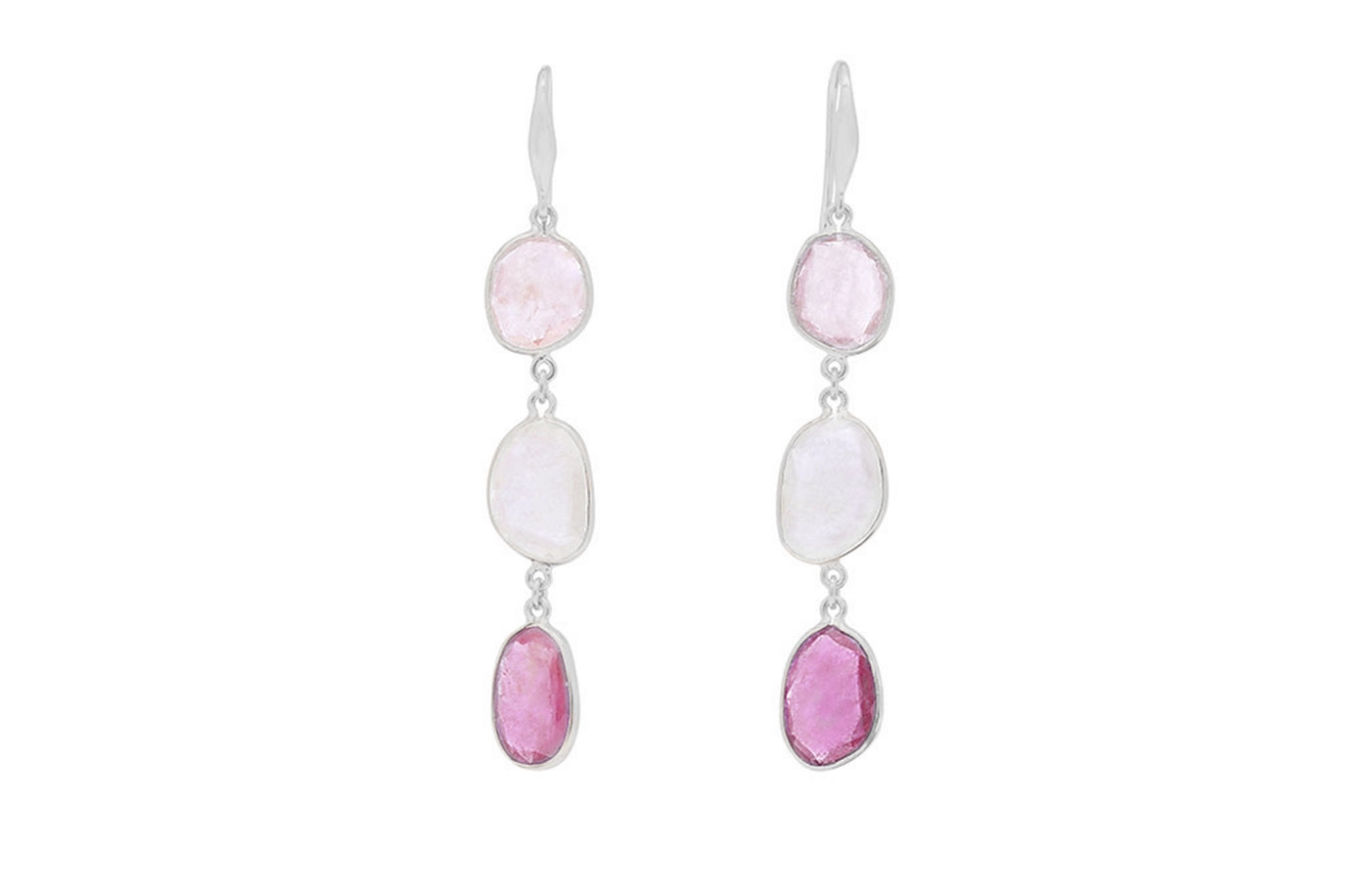 Pink and White Sapphire Polki Drop Earrings in White Gold | 16.30ctw