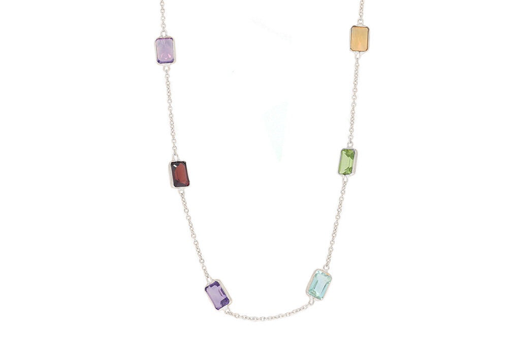 Emerald Cut Coloured Gemstone Necklace in White Gold