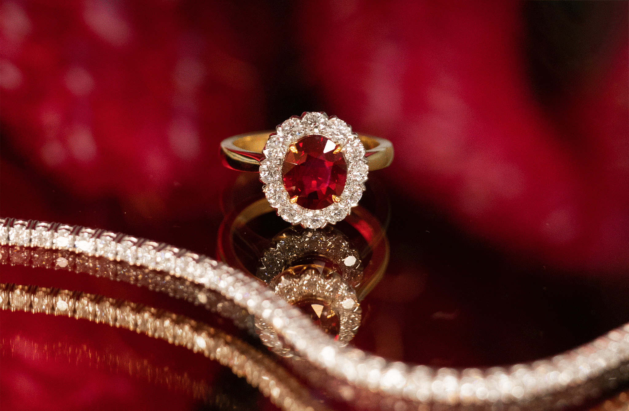 Premium Photo | Closeup of a ring with a large red ruby stone in the center  the ruby appears to be faceted reflecting the light and creating a dazzling  sparkle the band