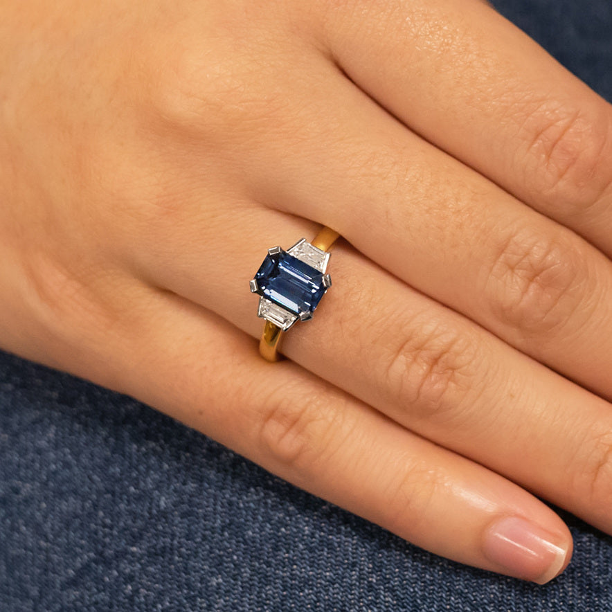 Emerald Cut Blue Sapphire East West and Diamond Ring in 14K Yellow Gold |  Audry Rose