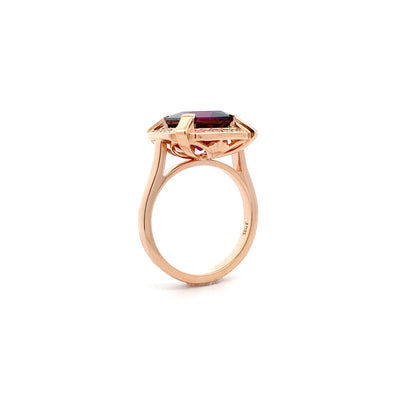 Royal: Puple Garnet and Diamond Halo Ring in Rose Gold | 5.64ct