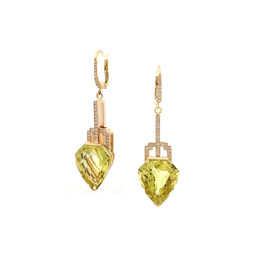 Deco-Style Citrine and Diamond Drop Earrings in Yellow Gold