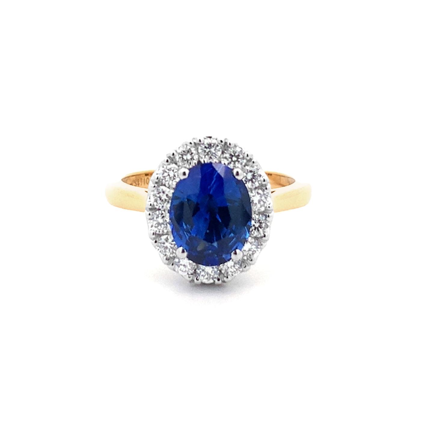 Midnight Bloom: Sapphire and Diamond Halo Ring in Yellow Gold | 2.55ct