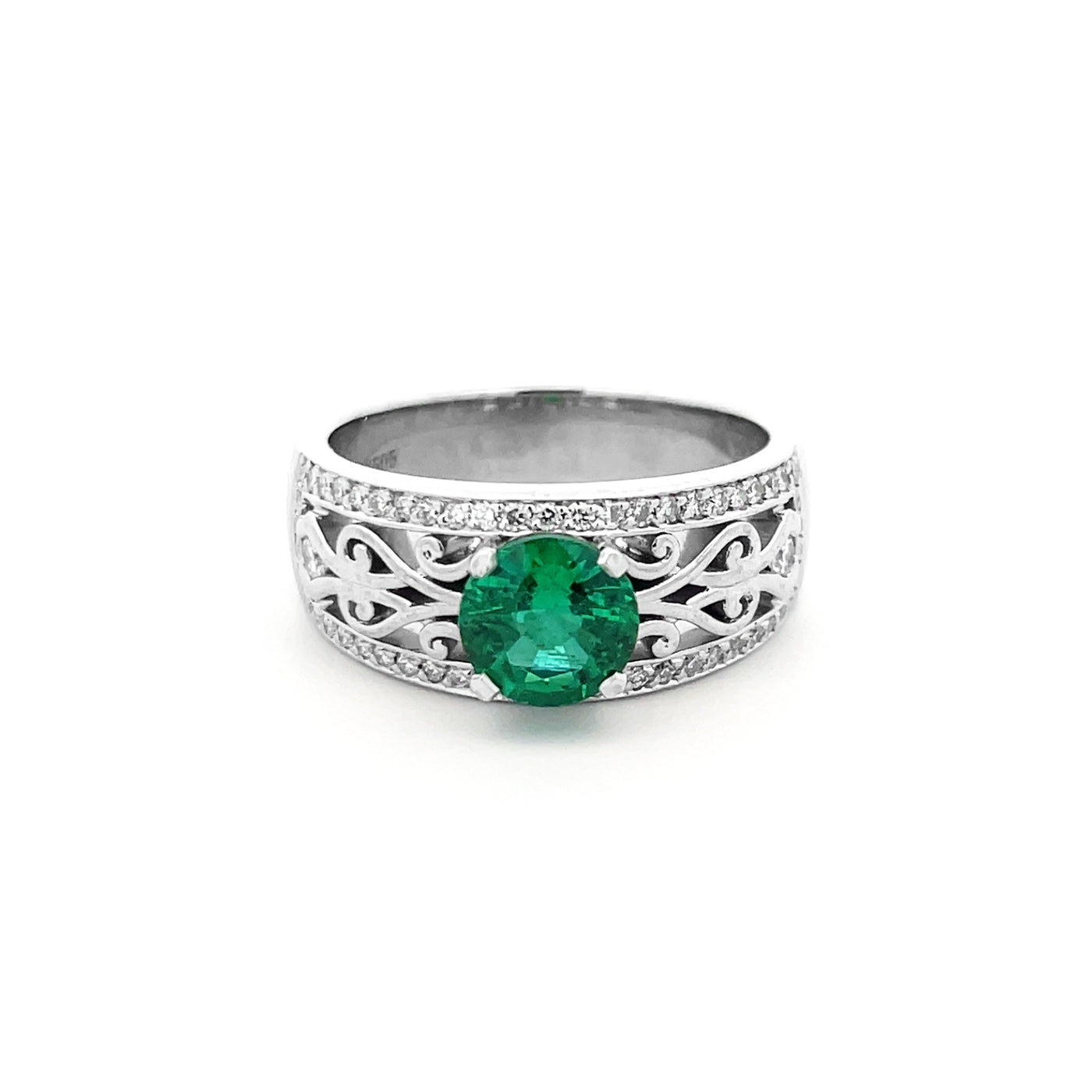 Emerald and Diamond Filigree Solitaire Ring in White Gold | 0.98ct