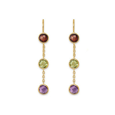 Triple Drop Garnet, Peridot and Amethyst Drop Earrings in Yellow Gold