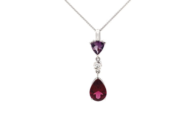 Purple Gaze: Garnet, Spinel & Diamond Drop Pendant in White Gold