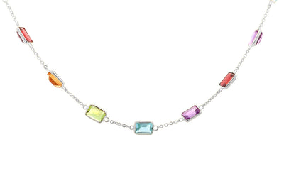 Emerald Cut Coloured Gemstone Necklace in White Gold