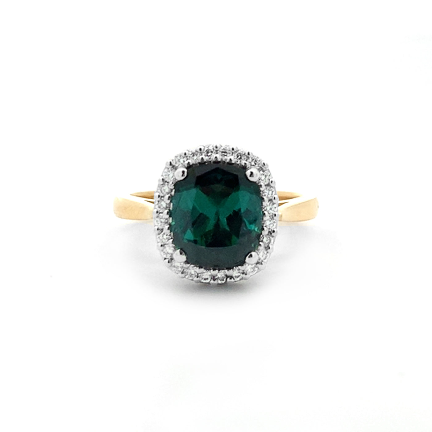 Teal Tourmaline & Diamond Halo Ring in Yellow Gold | 2.61ct