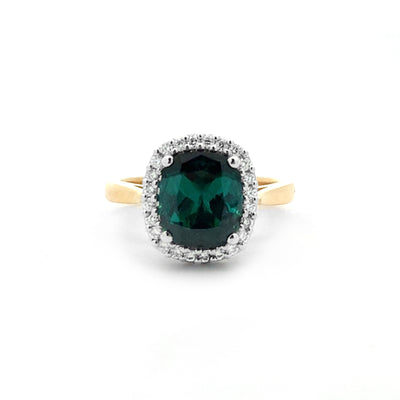 Teal Tourmaline & Diamond Halo Ring in Yellow Gold | 2.61ct