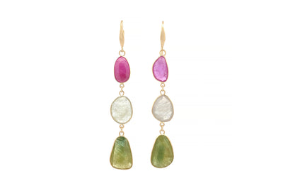 Pink and Green Sapphire Polki Drop Earrings in Yellow Gold | 18.60ctw
