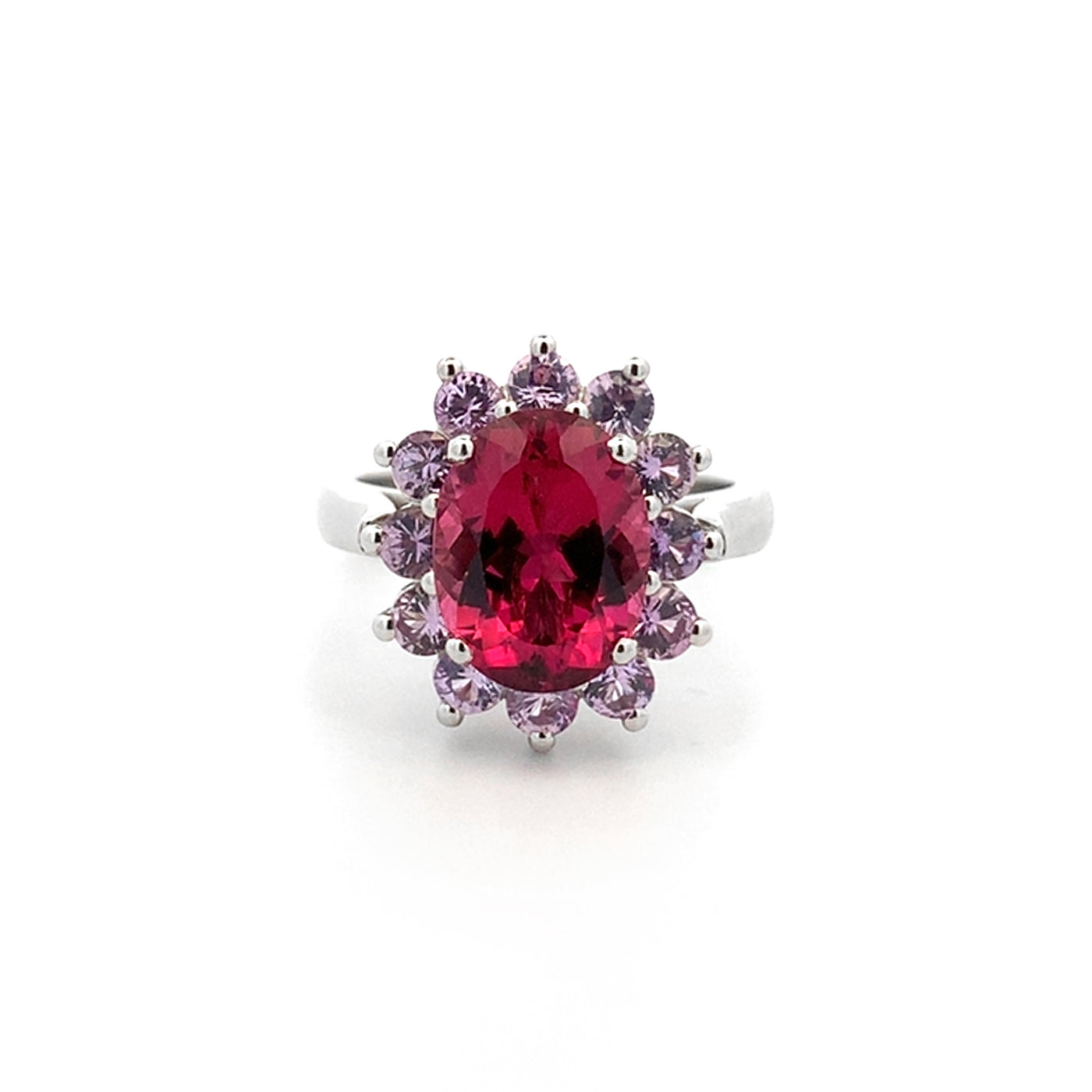 Bonbon Delight: Rubellite and Sapphire Halo Ring in Platinum | 4.32ct