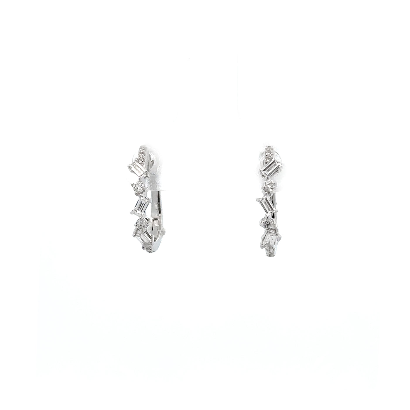 Baguette and Brilliant Cut Diamond Hoop Earrings in White Gold | 0.34ctw