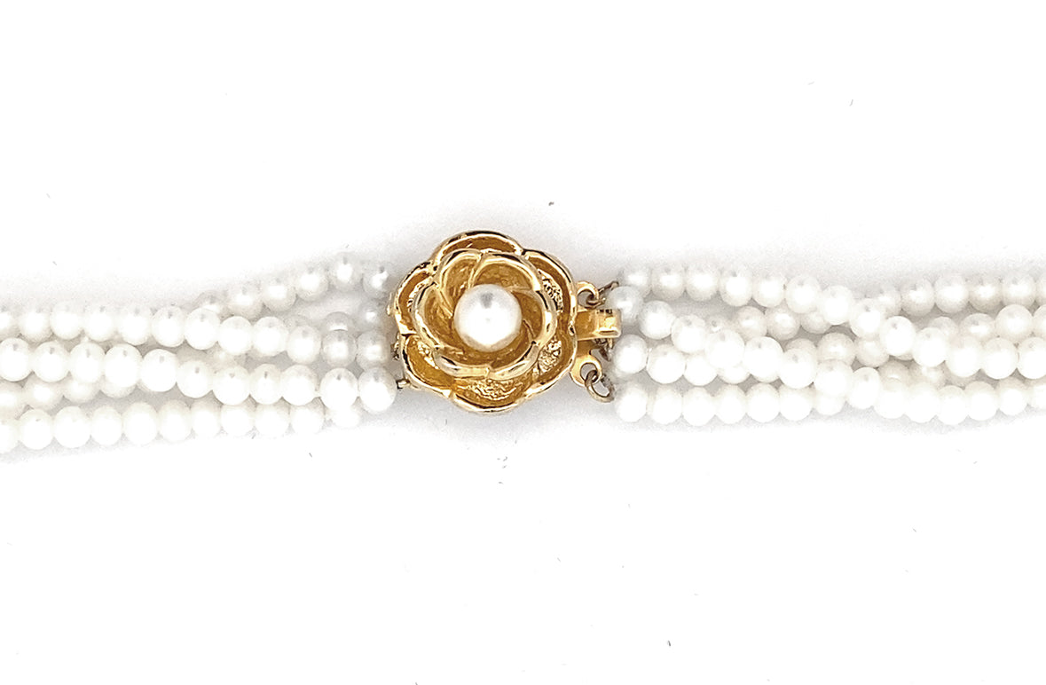 White Pearl Twist Necklace with Gold Plated Flower Clasp