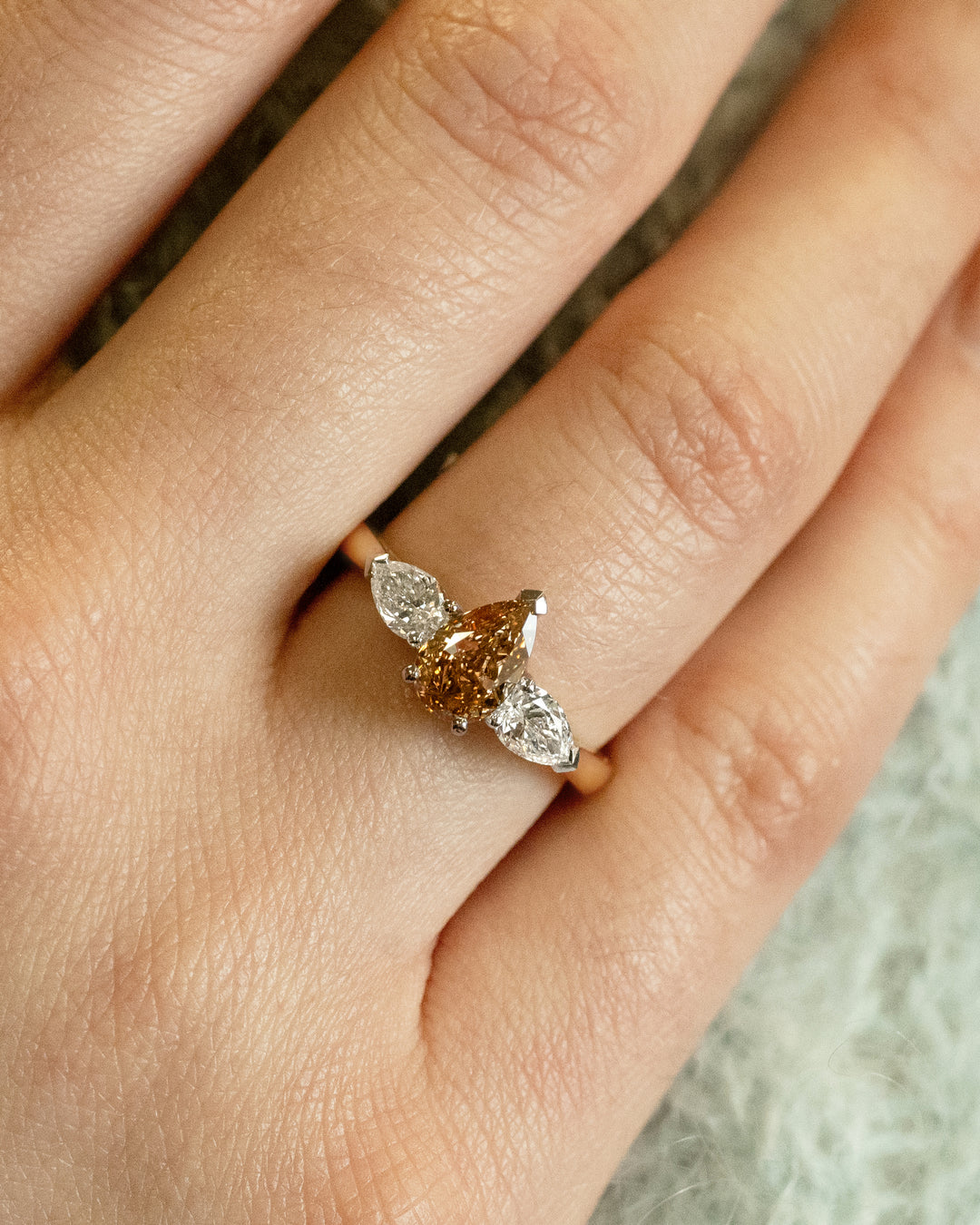 Pear Cut Cognac Diamond Three Stone Ring in Yellow Gold – The