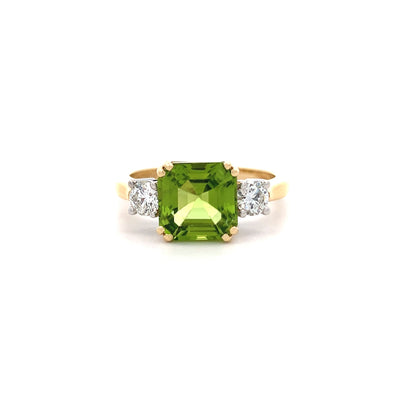 Peridot and Diamond Three Stone Ring in Yellow Gold | 2.80ct