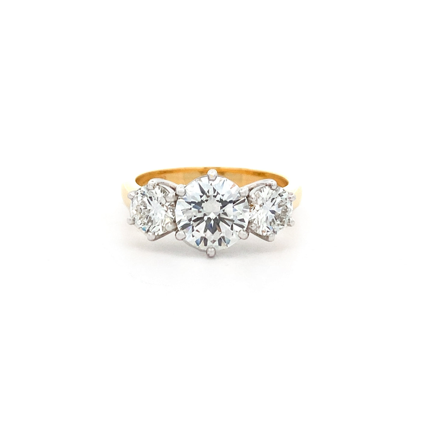 Round Brilliant Cut Diamond Three Stone Ring in 18ct Yellow Gold and Platinum | 2.50ctw