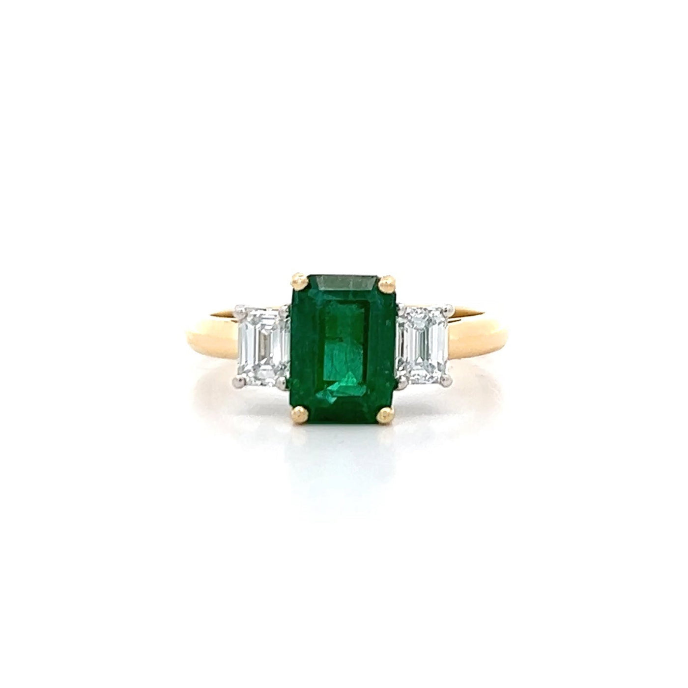 Emerald and Diamond Three Stone Ring in Yellow Gold | 2.39ctw