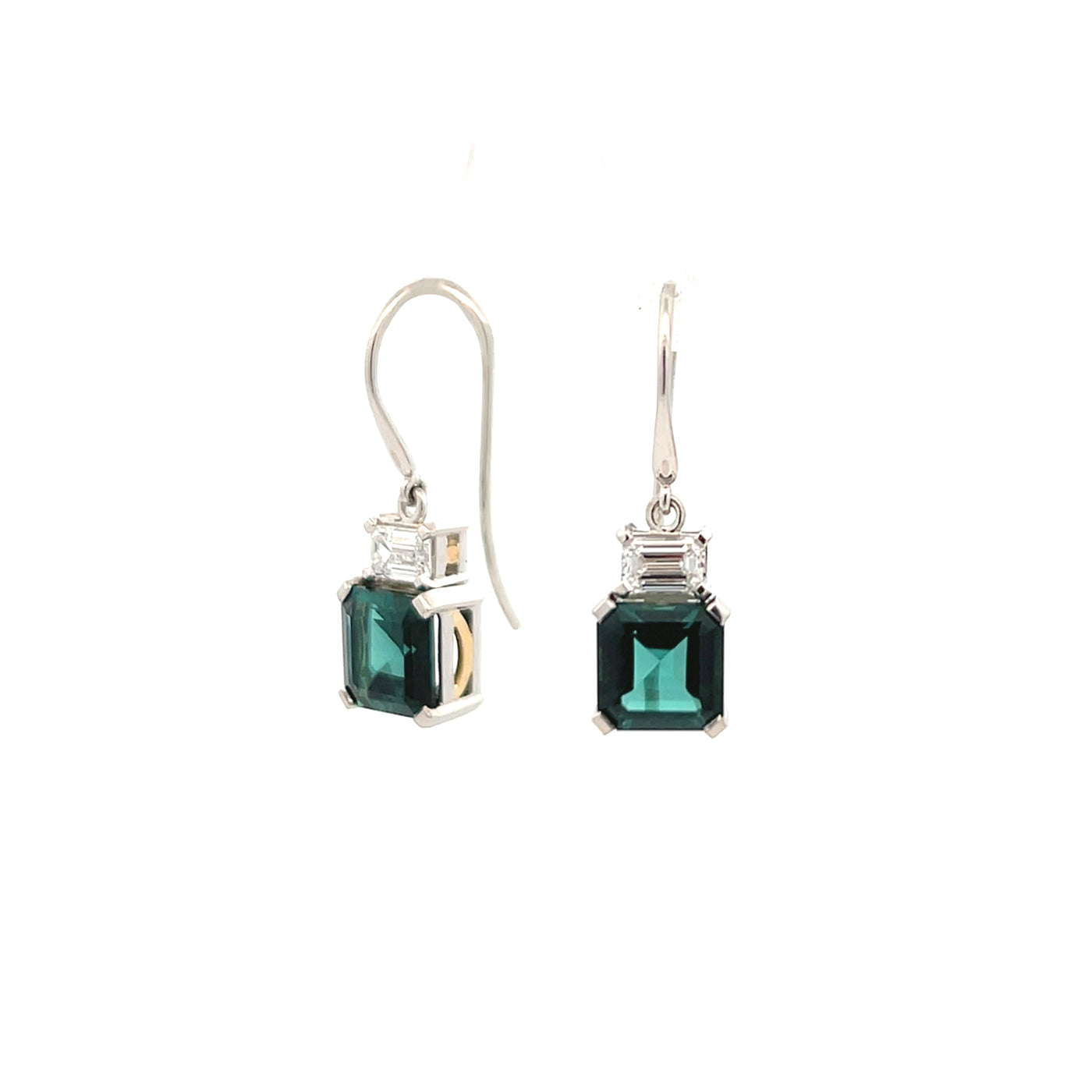 Octagonal cut Tourmaline and Emerald cut Diamond Drop Earrings in Platinum | 3.81ctw
