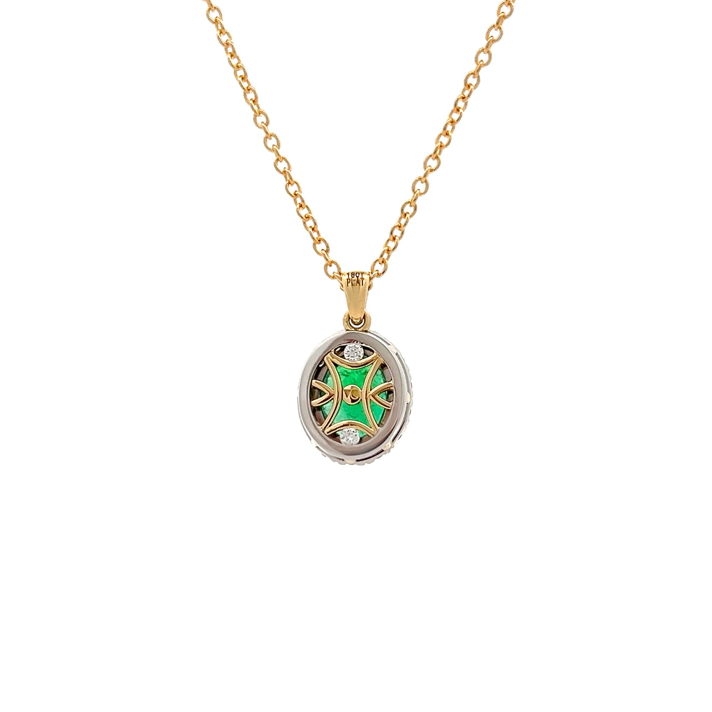 Oval Cut Emerald and Diamond Halo Pendant in Yellow Gold and Platinum | 2.24ctw