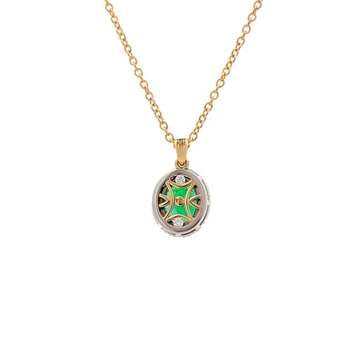 Oval Cut Emerald and Diamond Halo Pendant in Yellow Gold and Platinum | 2.24ctw