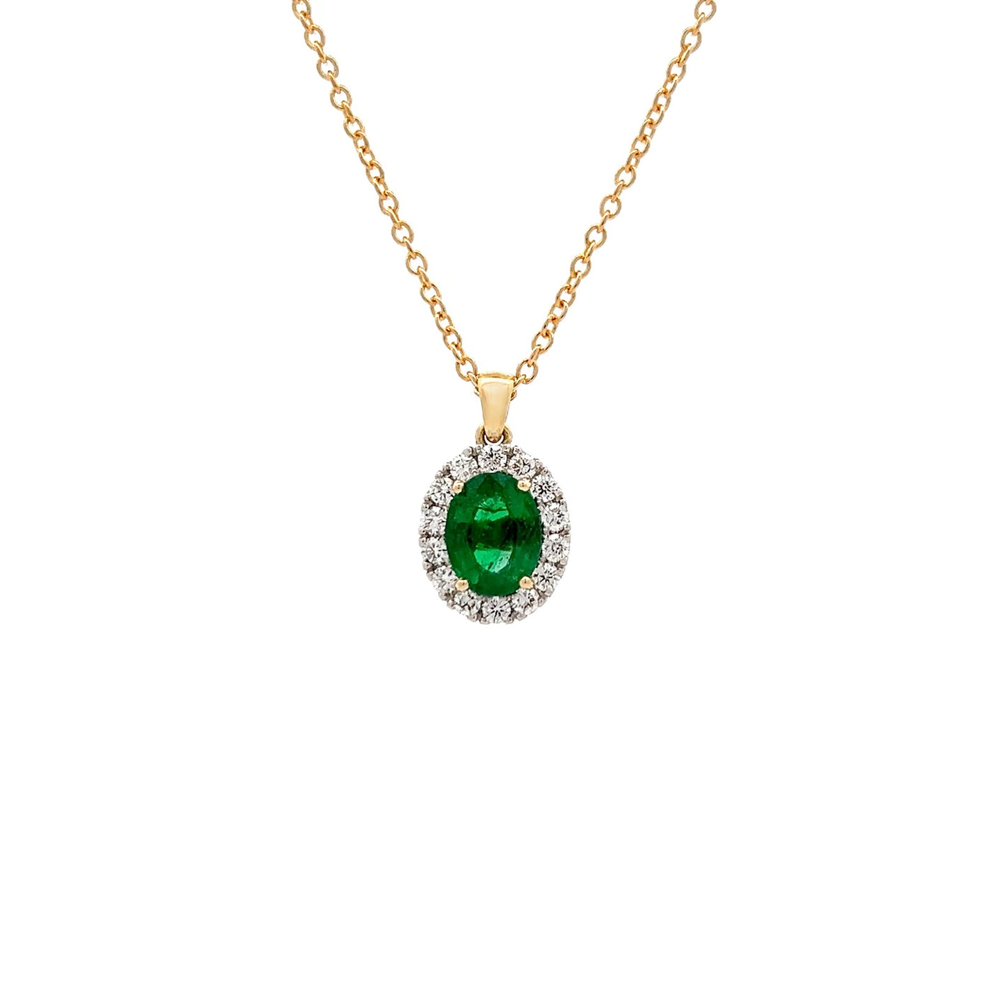 Oval Cut Emerald and Diamond Halo Pendant in Yellow Gold and Platinum | 2.24ctw
