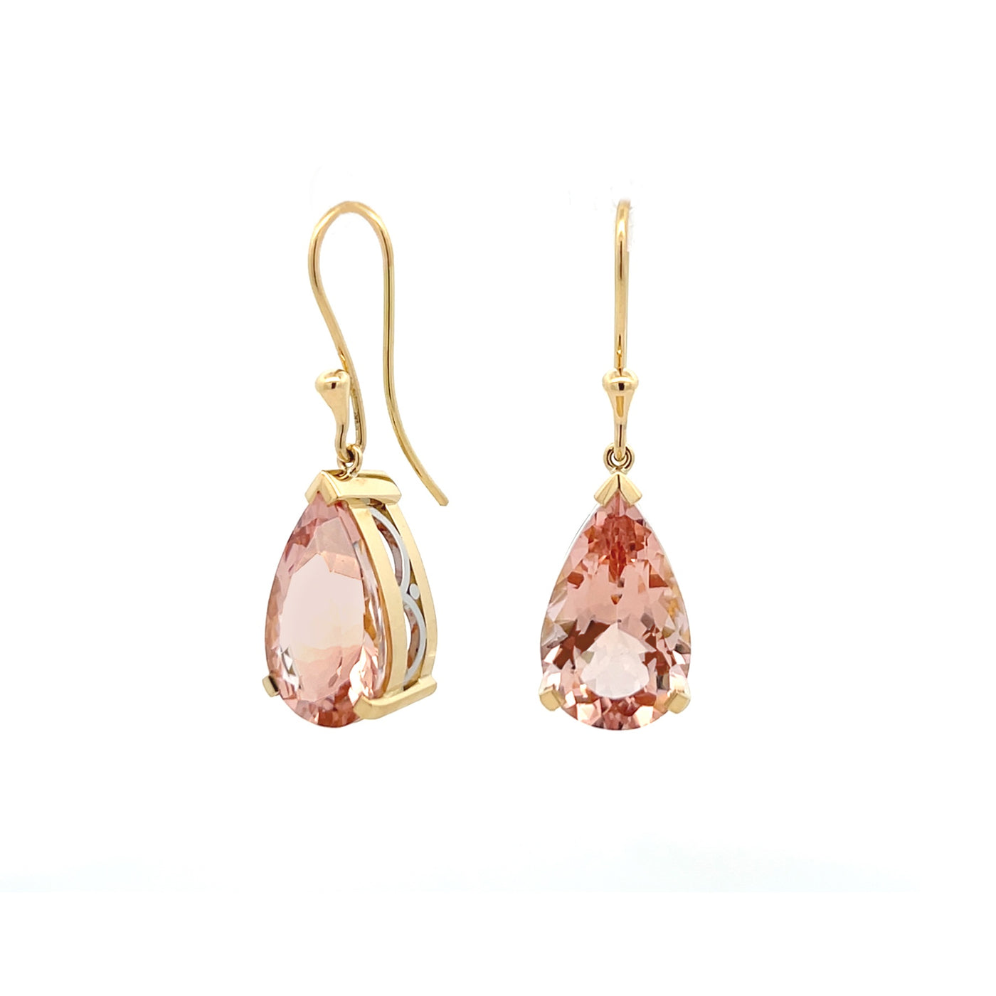 Pear Cut Morganite Drop Earrings in Yellow Gold | 14.56ctw
