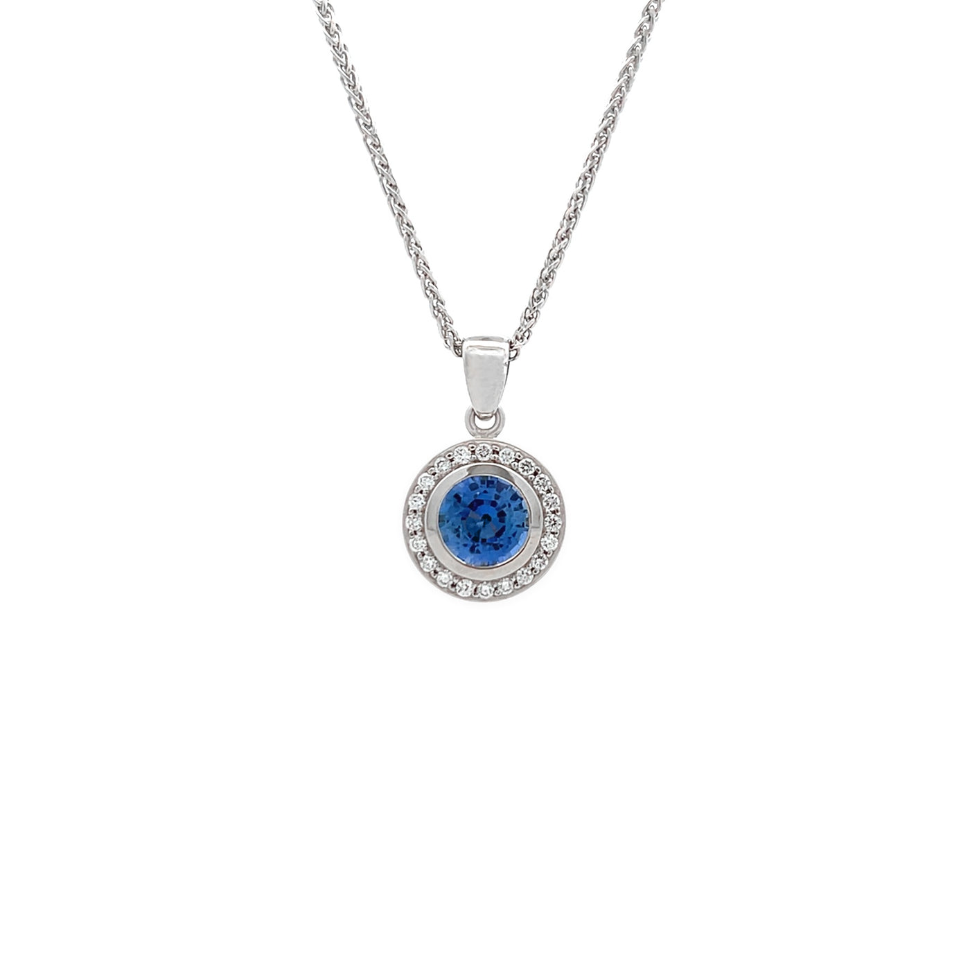 Aurelia: Sapphire and Diamond Halo Pendant in Platinum and Yellow Gold | 1.79ctw

