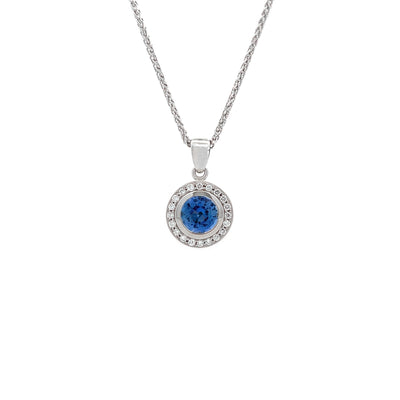 Aurelia: Sapphire and Diamond Halo Pendant in Platinum and Yellow Gold | 1.79ctw
