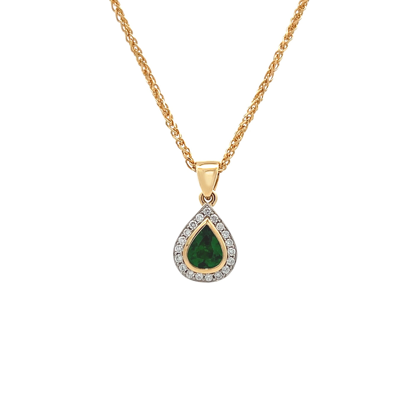 Aurelia: Emerald and Diamond Halo Drop Pendant in Platinum and Yellow Gold | 1.08ctw