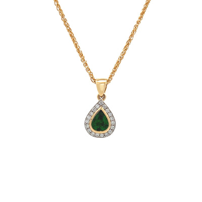 Aurelia: Emerald and Diamond Halo Drop Pendant in Platinum and Yellow Gold | 1.08ctw
