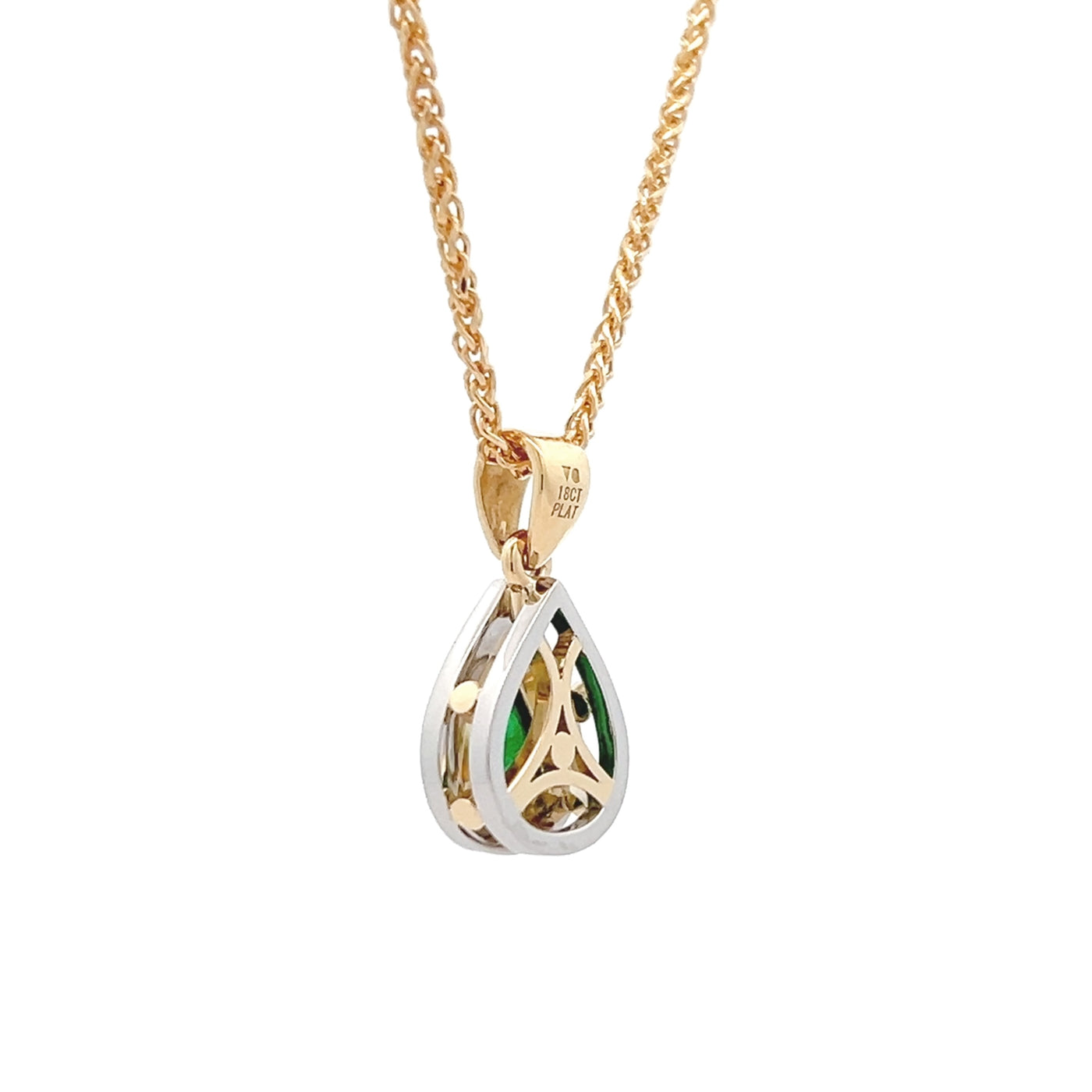 Aurelia: Emerald and Diamond Halo Drop Pendant in Platinum and Yellow Gold | 1.08ctw