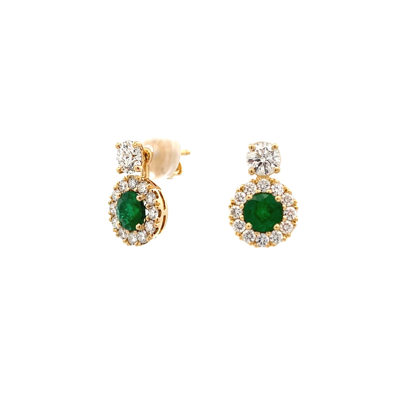 Emerald and Diamond Halo Drop Earrings in Yellow Gold | 2.28CTW