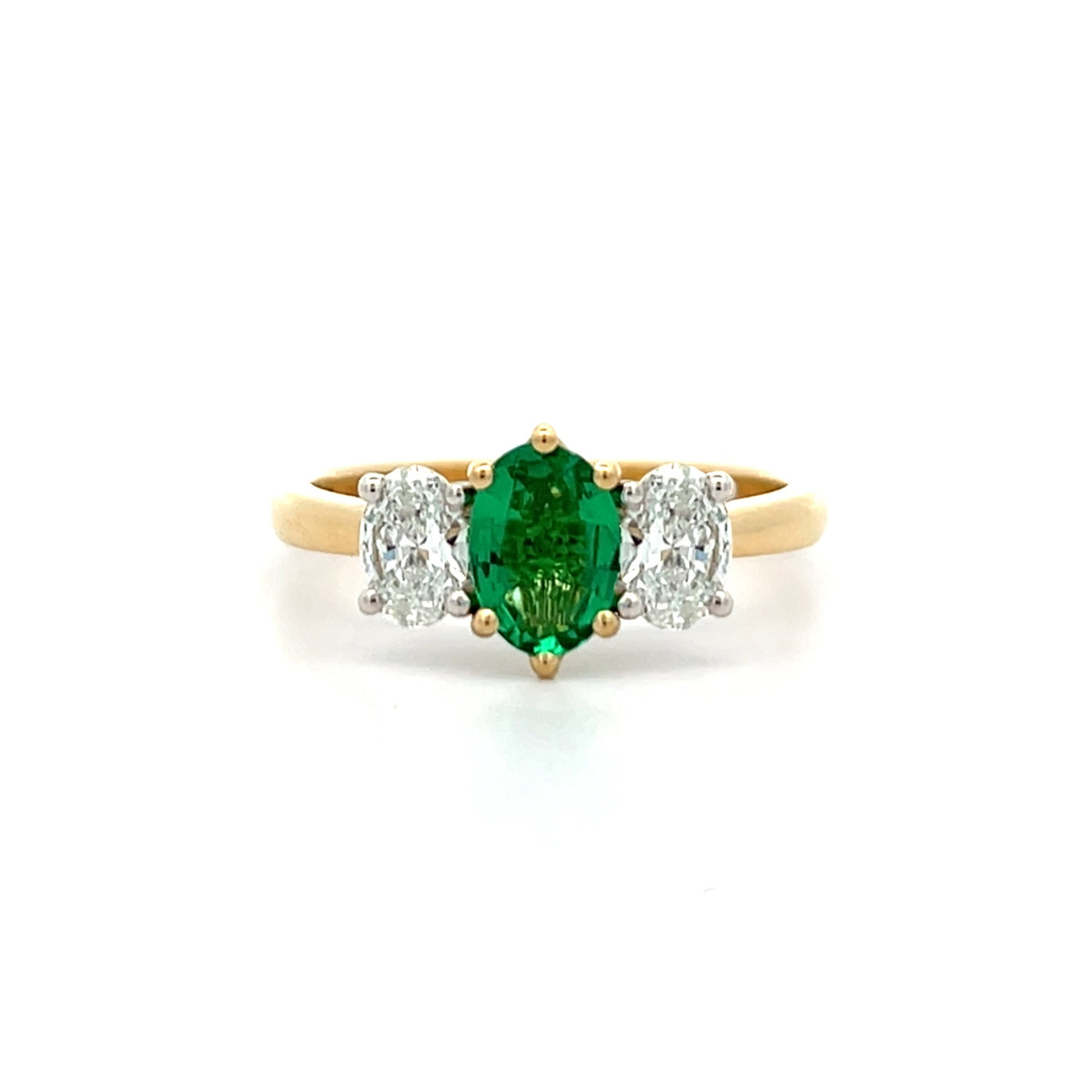 Emerald and Diamond Three Stone Ring in Yellow Gold | 1.20ctw