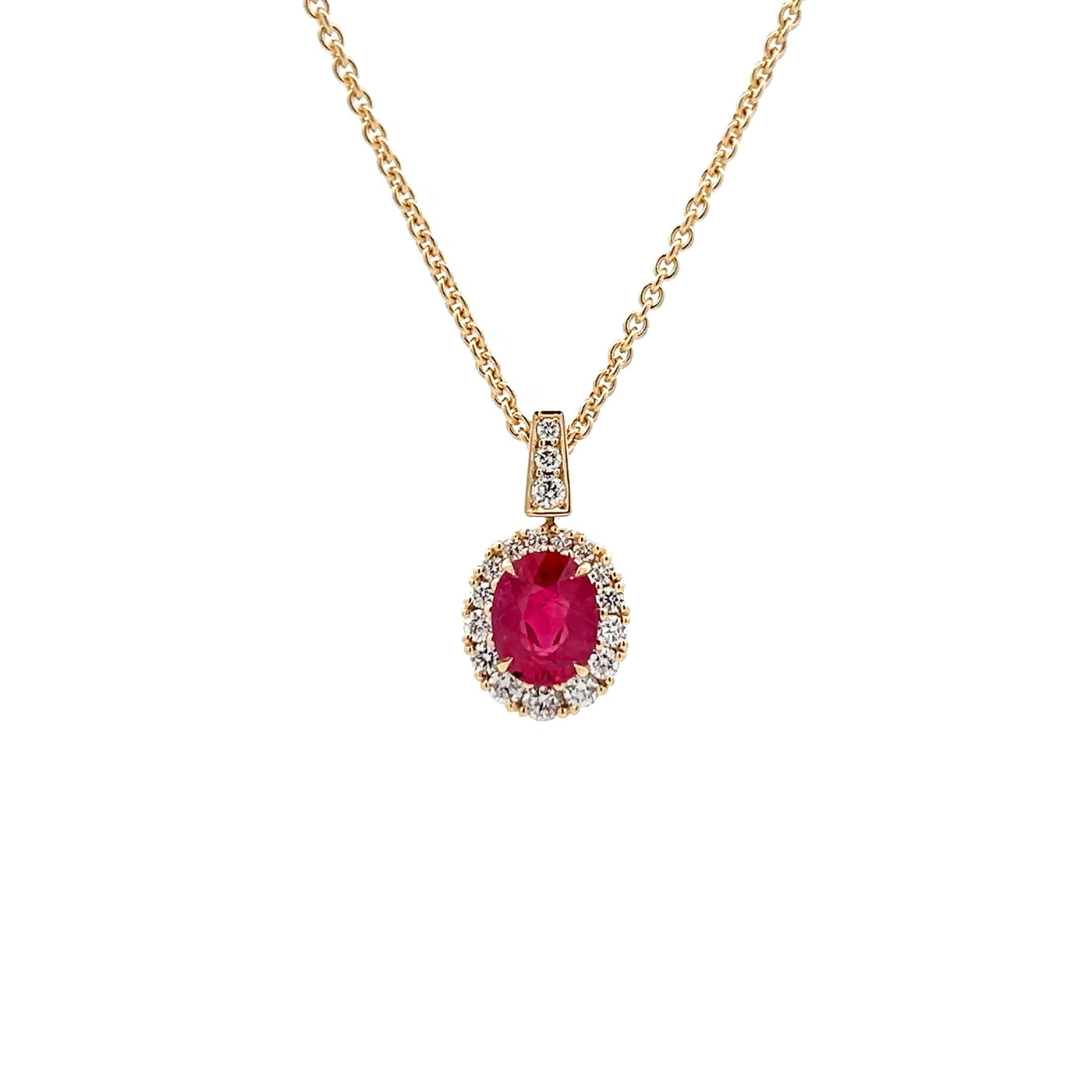 Oval Cut Ruby and Diamond Halo Pendant in Yellow Gold | 1.76ctw
