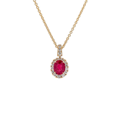 Oval Cut Ruby and Diamond Halo Pendant in Yellow Gold | 1.76ctw
