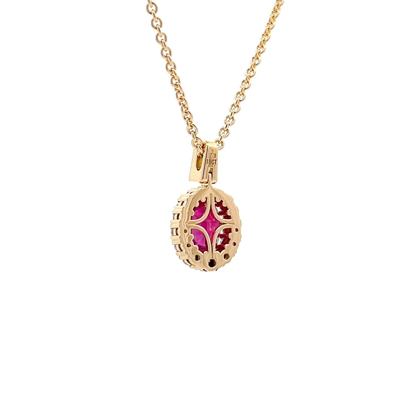 Oval Cut Ruby and Diamond Halo Pendant in Yellow Gold | 1.76ctw
