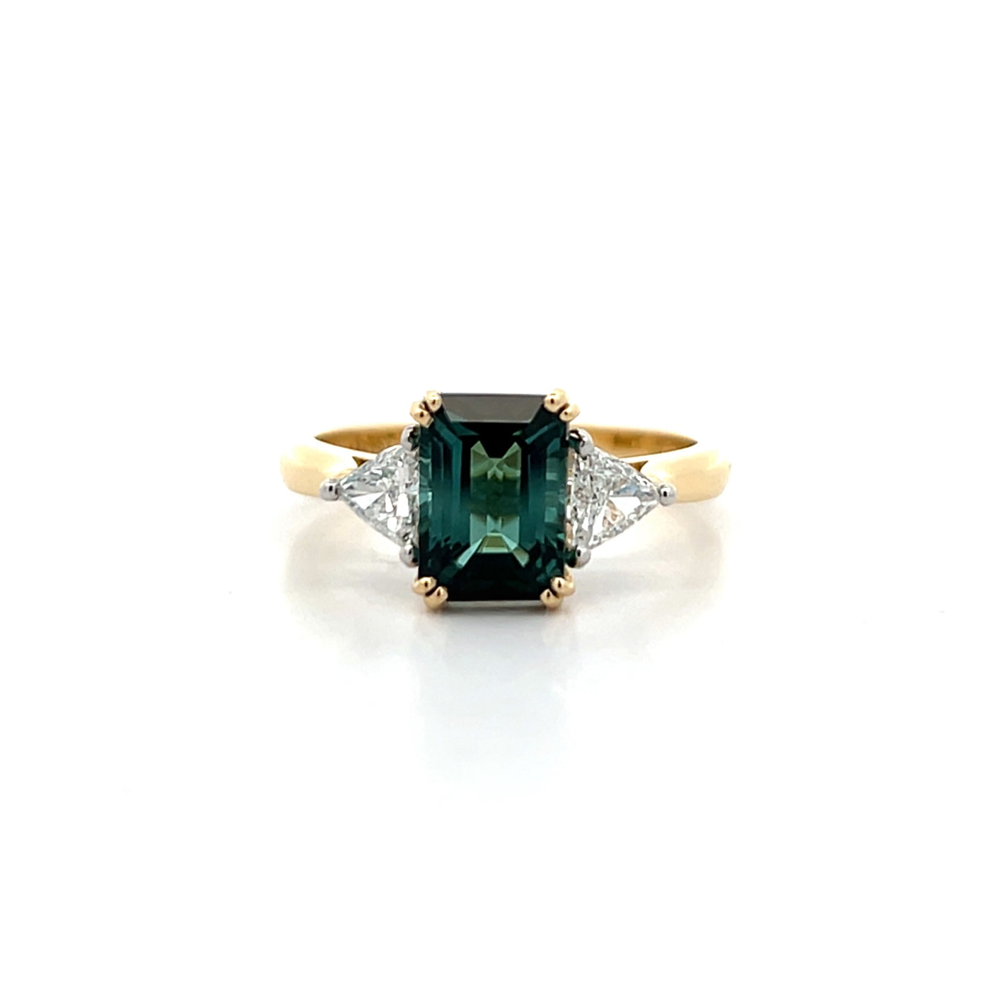 2.02ct Octagonal cut Tourmaline and Trilliant Cut Diamond Three Stone Ring in 18ct Yellow Gold and Platinum