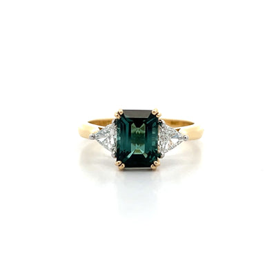 2.02ct Octagonal cut Tourmaline and Trilliant Cut Diamond Three Stone Ring in 18ct Yellow Gold and Platinum