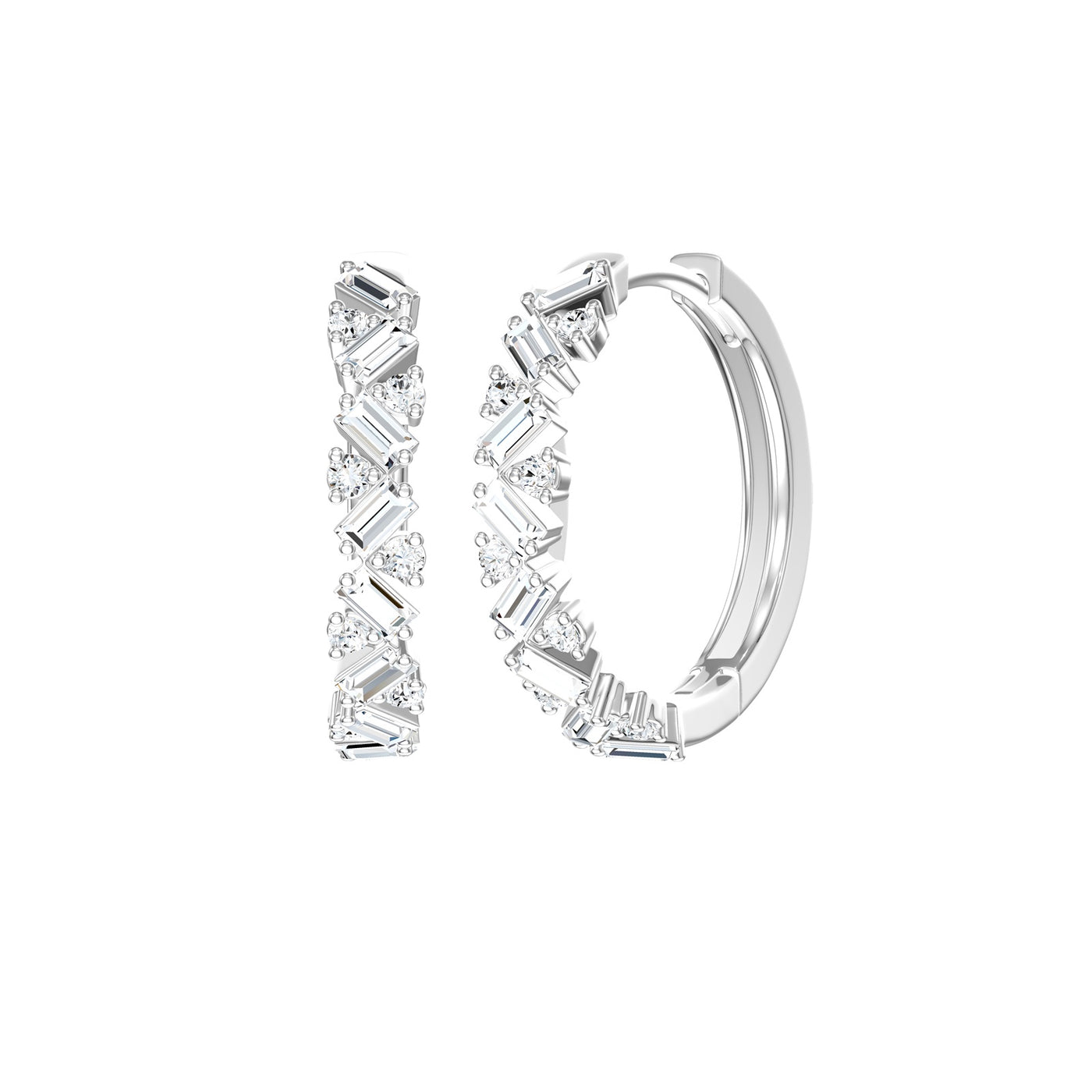 Baguette and Brilliant Cut Diamond Hoop Earrings in White Gold | 0.35ctw
